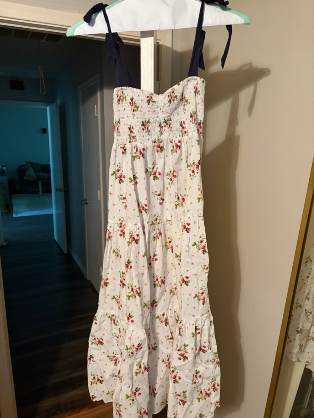 J Crew White Floral Tiered Sundress with Navy Tie Straps